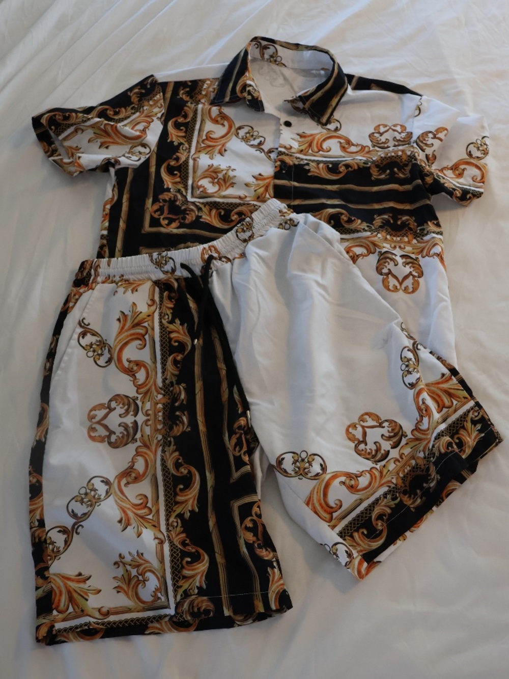 Baroque print matching button down short sleeve & shorts set